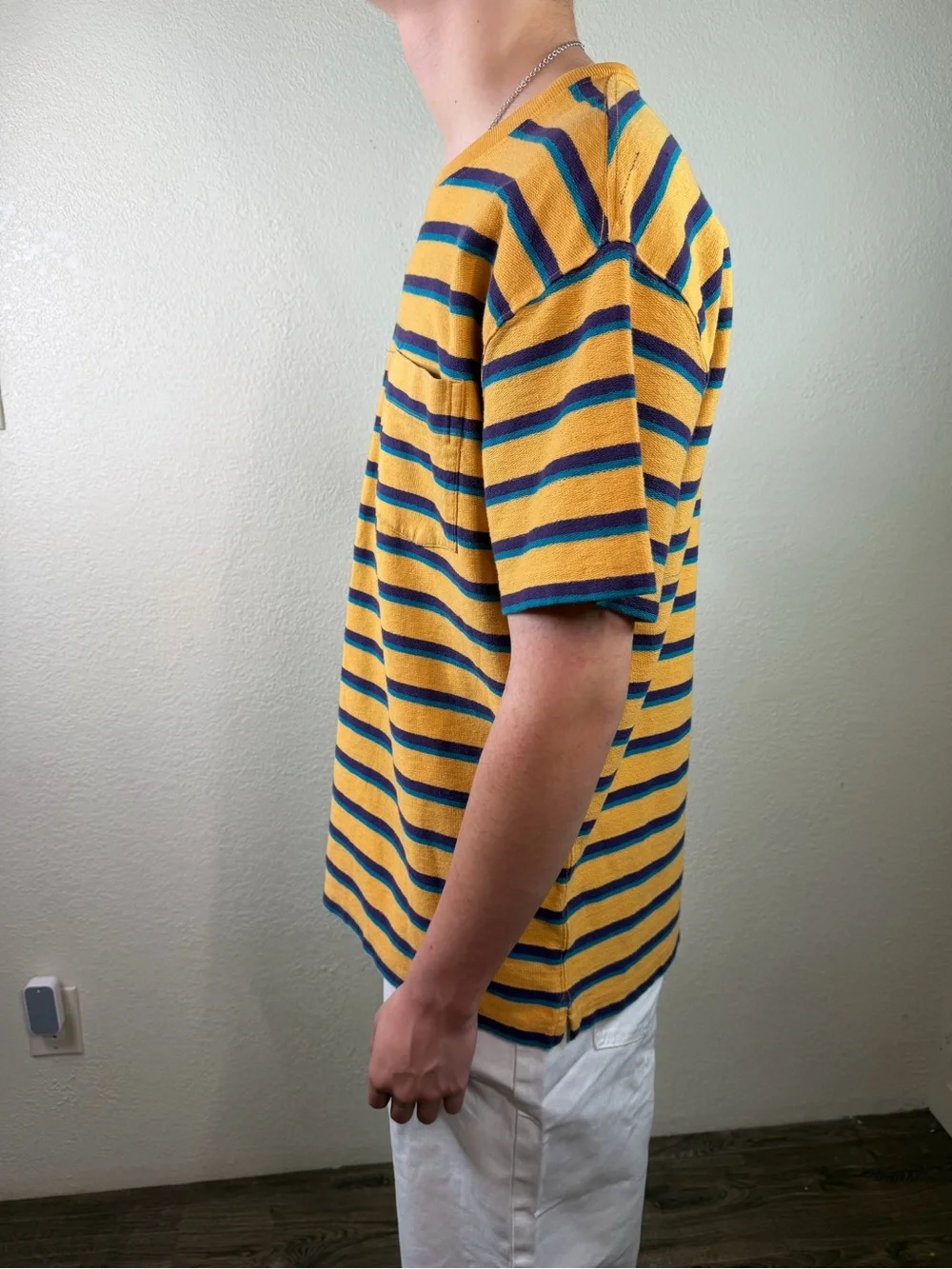 Urban Outfitters Mens Striped Pocket T-Shirt Size M Yellow Blue Retro Y2K Skate